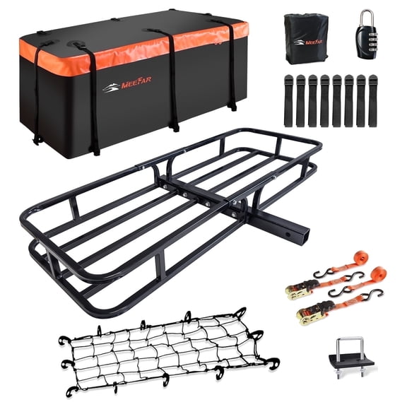MeeFar Hitch Mount Steel Cargo Carrier Basket Size 53" x19" x 5" + Waterproof Cargo Bag 51" x17"x 18" Combo- Fit on 2 Inch Hitch Receiver with Hitch Stabilizer,Net and Straps