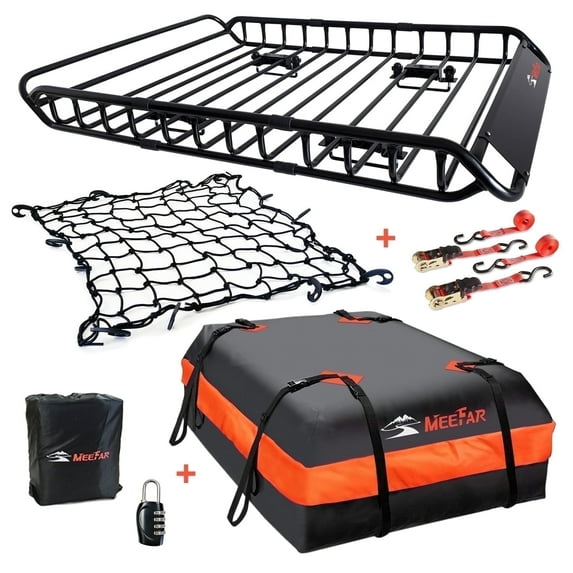 MeeFar Universal Rooftop Roof Rack Steel Cargo Carrier Basket Size 51.5" X 36" X 5.5" + Soft Shell Waterproof Cargo Bag 15 Cu.ft (44" 34" 17") Combo