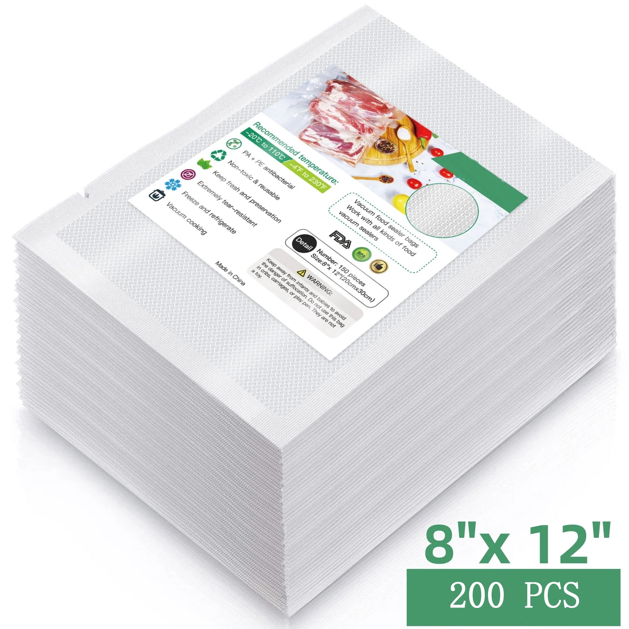 MeeFax Vacuum Sealer Bags 8"x12" 200 Quart Vacuum Seal Bags Precut