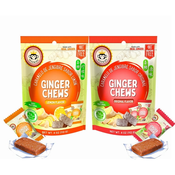 Meekus Ginger Soft Candy Chews Original + Lemon Flavor, Ginger Candy, Gluten-Free, Halal Spicy Delicious Treat 4 oz - 2 Pack