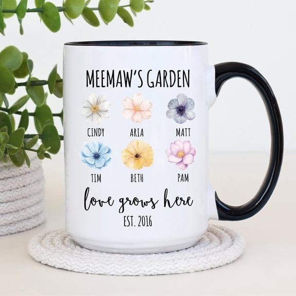 Meemaws Garden Coffee Mug Personalized Meemaw Cup, Grandkids Birth-Flower Names, Grandma Gift