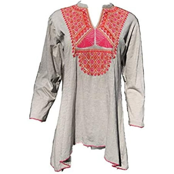 Meena Mahal KUMARI Hand Embroidered Cotton Knit Ladies Top, Pink/Grey, Large