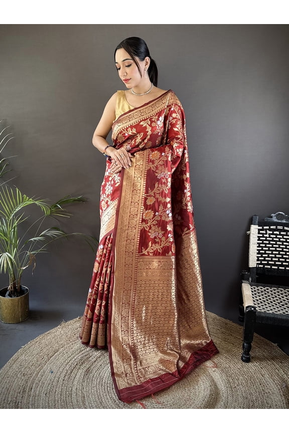 Meenakari Banarasi Saree In Soft Silk With Floral And Ethnic Motifs Design Traditional Designer Ethnic Festive Wedding Party Wear – Maroon