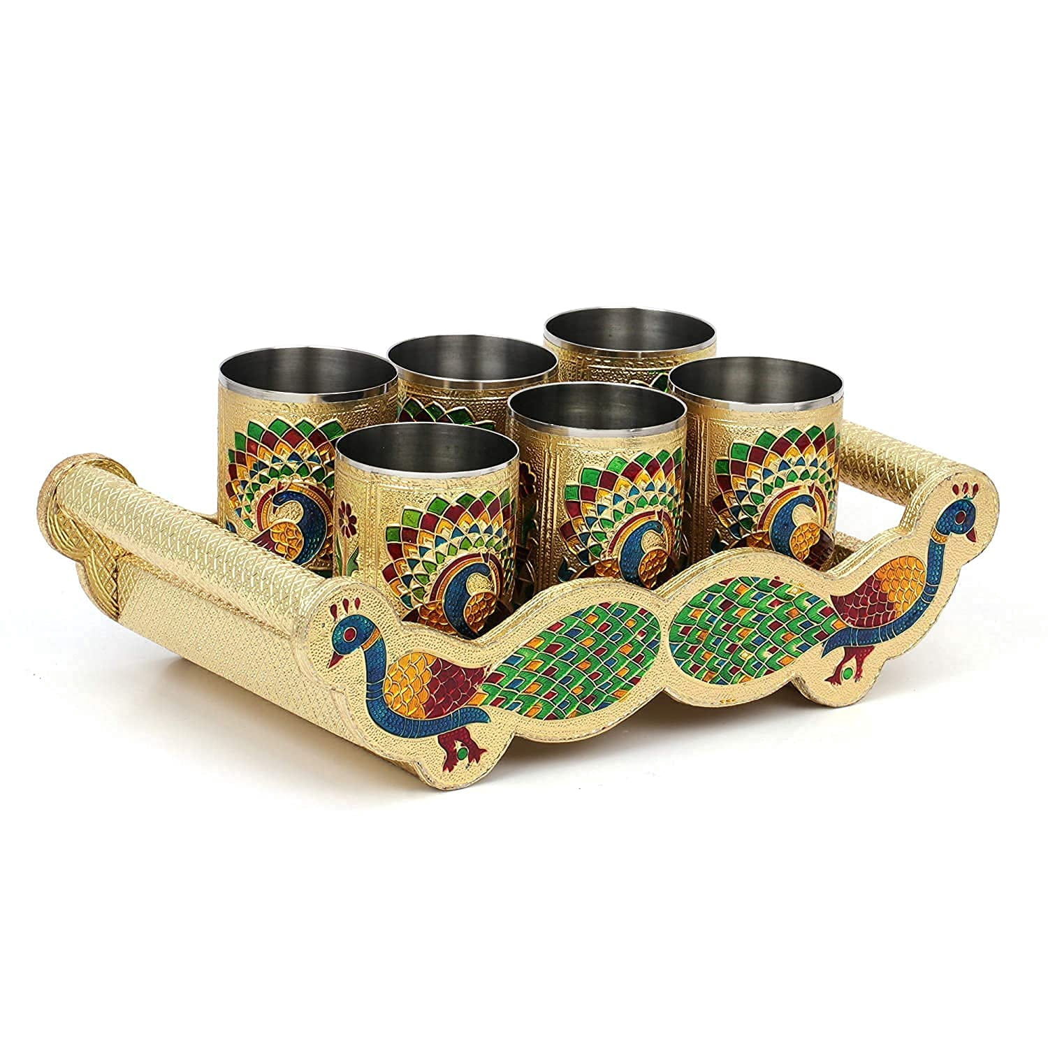 Meenakari Peacock Design Glass with Handle and Handicraft Serving Tray ...