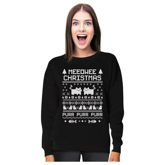 Meeowee Cat Sweatshirt Women Teen Girls Snowflake Ugly Christmas Sweater Style Medium Black