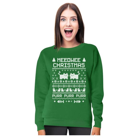 Meeowee Cat Sweatshirt Women Teen Girls Snowflake Ugly Christmas Sweater Style XX-Large Green