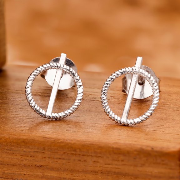 Meera Jewels 925 Silver Circle Stud Earrings Twisted Rope Polished Bar Geometric Jewelry
