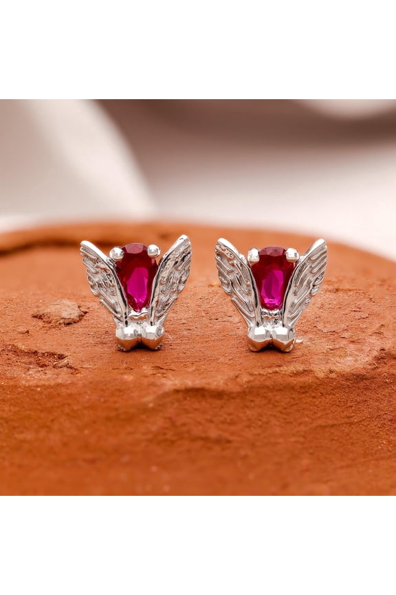925 Sterling Silver Angel Wing Stud Earrings With Pink Ruby & CZ | Winged Studs | Angel Earrings Jewelry Gift for Her Guardian