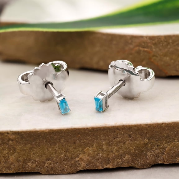 Meera Jewels 925 Sterling Silver Blue Topaz Baguette Stud Earrings, Dainty Rectangular Gemstone Jewelry, Minimalist December Birthstone Gift