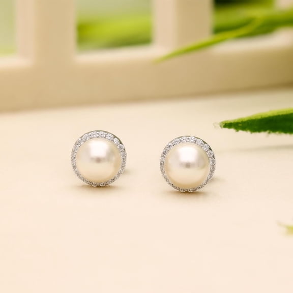 Meera Jewels Classic Sparkle Halo Style CZ Pearl Stud Earrings, 925 Sterling Silver, Sterling Silver
