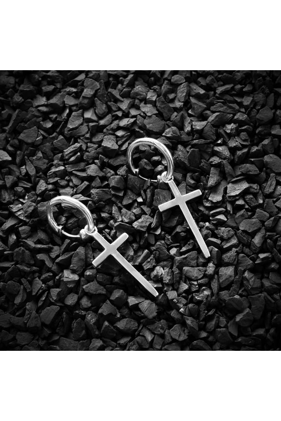 925 Sterling Silver Cross Hoop Earrings | Minimalist Dangle Hoops | Modern Spiritual Style Christian Jewelry Gift | Size-36x11 mm
