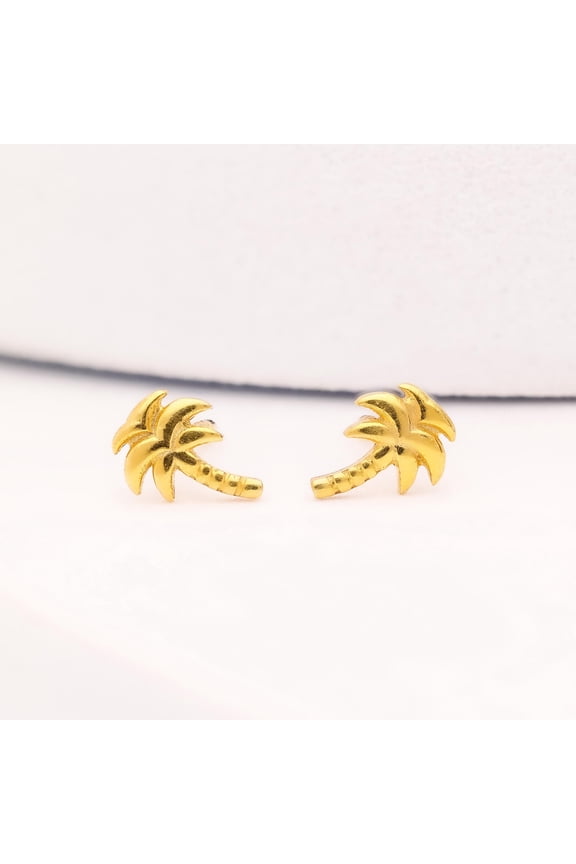 925 Sterling Silver Gold Palm Tree Stud Earrings, Tree Studs Minimalist Style Tropical Beach Jewelry Gift for Summer Vibes, Travel Lovers
