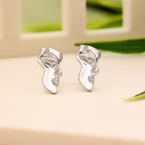 Meera Jewels Modern Art Style Abstract Face Stud Earrings, 925 Sterling Silver