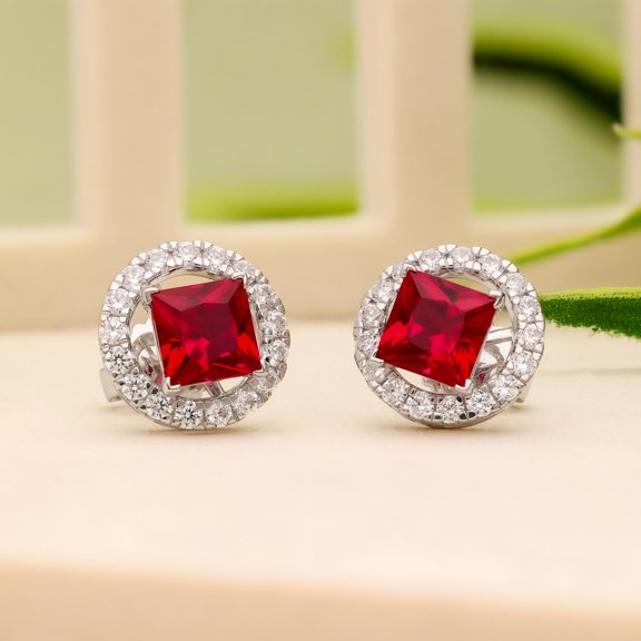 Meera Jewels Princess Cut Halo Stud Ruby, CZ Earrings 925, Sterling Silver