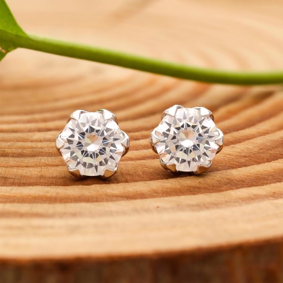 Meera Jewels Round Stud White CZ Earrings 925 Sterling, Sterling Silver (1 Set of Earrings)