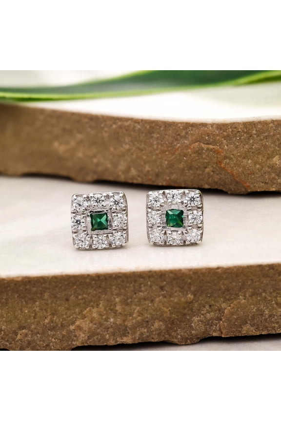 925 Sterling Silver Square Green Gemstone Stud Earrings, Emerald CZ Pave Halo Design Dainty May Birthstone Gift for Her