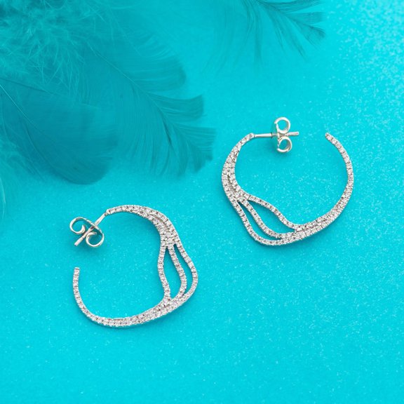 Meera Jewels 925 Sterling Silver Wave Hoop Earrings, Unique CZ Curved Hoops Sparkly Statement Earrings for Women Party Jewelry Gift