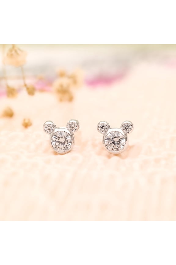 Cartoon Inspired 925 Sterling Silver Cute Mouse Face CZ Stud Earrings Jewelry