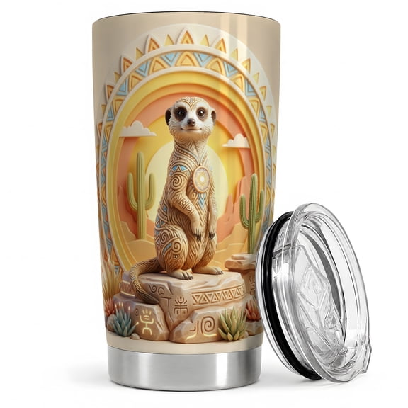 Meerkat Desert Sun 20oz Tumbler, Meerkat Tumbler for trail drinks, cute animal statue with cactus, sunset arch, tribal pattern, wildlife cup for adults and southwest desert fans