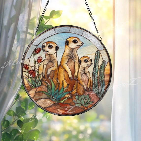 Meerkat Family Glass Suncatcher, Desert Wildlife Window Art, Safari Decor, 6.3 in