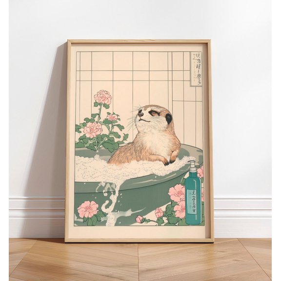 Meerkat in Bathtub Print: Funny Ukiyo-e Japanese Bathroom Art, Poster Only