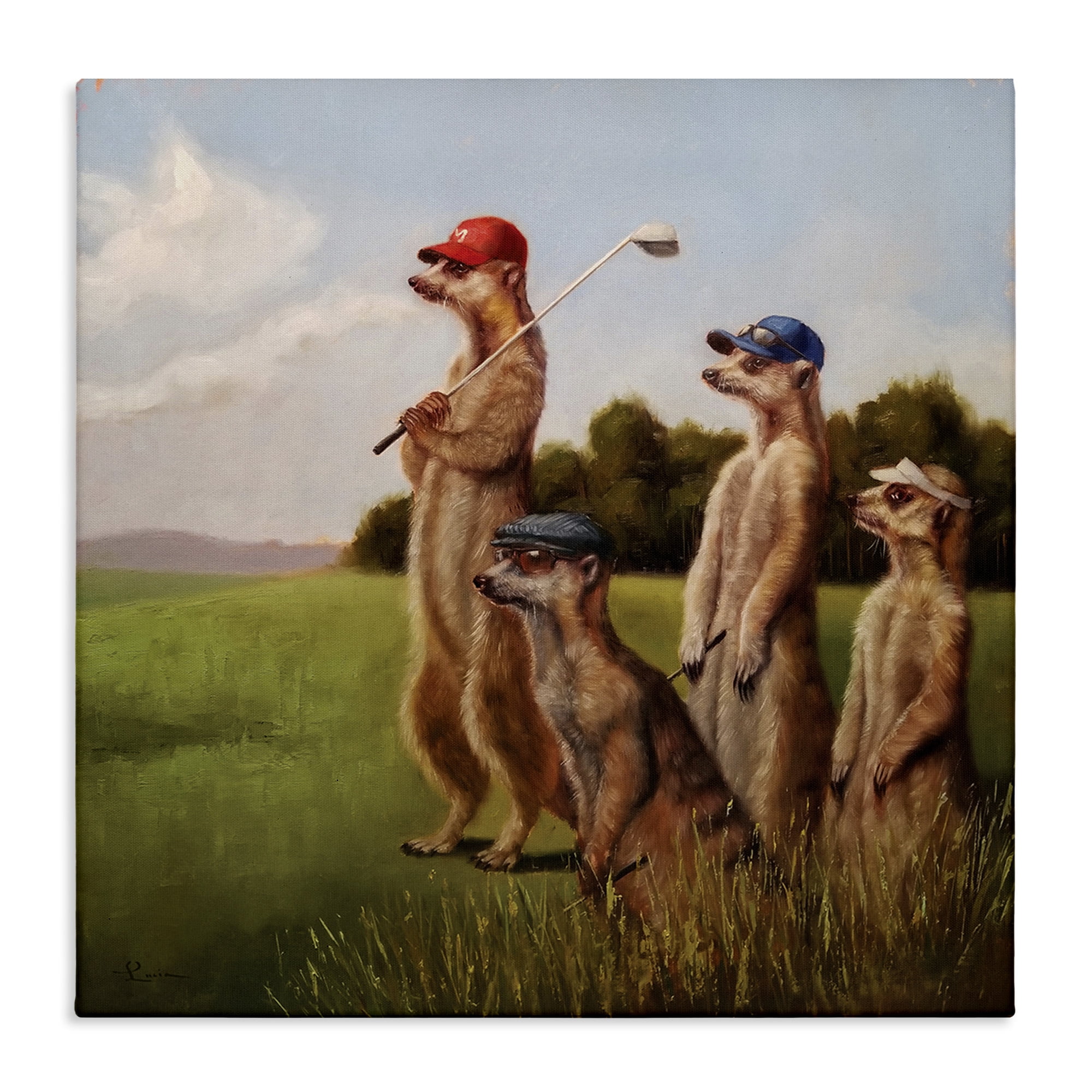 Meerkats Playing Golf in Hats and Sunglasses Painting Stretched Canvas Wall Art, 30 x 30