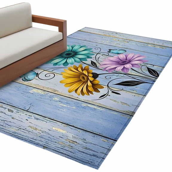 Meet 1998 Vintage Flower Area&nbsp;Rug 3x5ft Yellow Purple Green Daisy Blue Butterfly Wood Grain Non-Slip&nbsp;Washable Rectangle&nbsp;Rugs Soft Felt Indoor Floor Mat for Bedroom Living Room