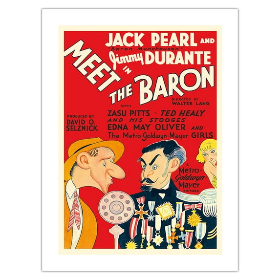 Meet the Baron - Starring Jimmy Durante Jack Pearl - Vintage Film Movie Poster by Al Hirschfeld c.1933 - Fine Art Matte Paper Print (Unframed) 24x32in