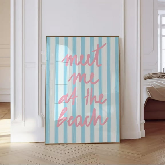 Meet Me At The Beach Coastal Beach Wall Art Print Light Blue Pink Text Poster Preppy Print Dorm Room Wall Art Teen Girl Wall Art, Modern Wall Decor, 24x36 UNFRAMED