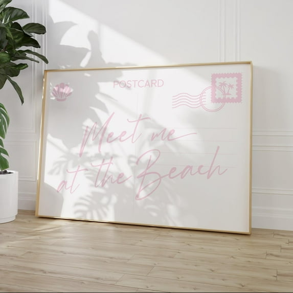 Meet Me At The Beach Postcard Print, Light Pink Coastal Home Decor, Beachy Aesthetic Room Poster Seashell Beach House Decor Wall Art, Modern Wall Decor, 24x36 UNFRAMED