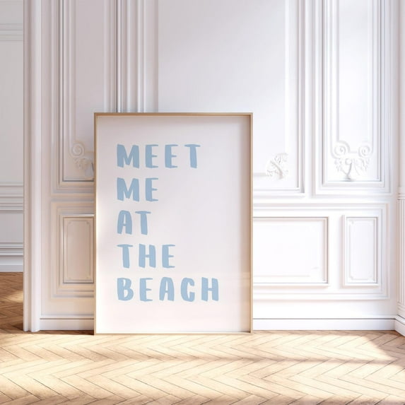 Meet Me At The Beach Poster, Blue Trendy Coastal Wall Art, Girly Preppy Dorm Room Decor, Beach House Decor, Typography Poster,, Stretched Canvas Size 12x18