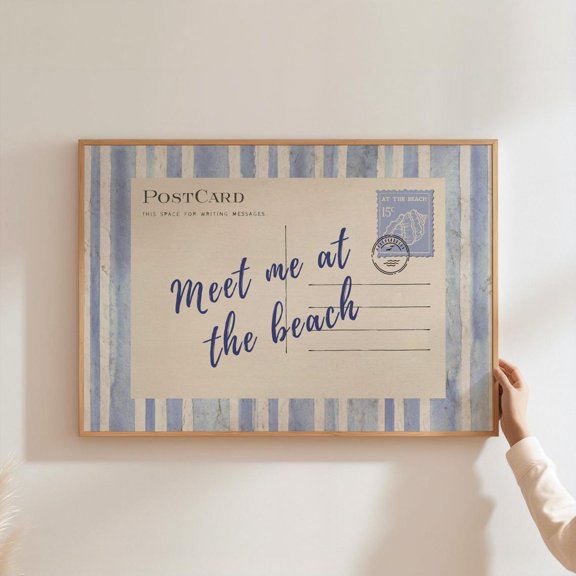 Meet Me At The Beach Trendy Post Card Poster, Coastal Wall Art, Blue Typography Art, Beach House Aesthetic Decor, Summer Art, Home Decor, 24x36 UNFRAMED