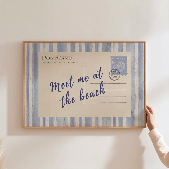 Meet Me At The Beach Trendy Post Card Poster, Coastal Wall Art, Blue Typography Art, Beach House Aesthetic Decor, Summer Art, Home Decor, 8x12 UNFRAMED