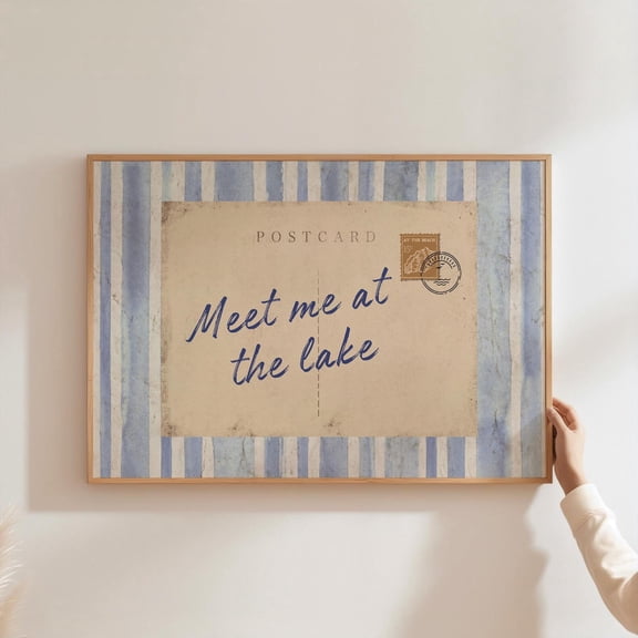 Meet Me At The Lake Vintage Post Card Poster, Coastal Wall Art, Bluetypography Art, Beach House Aesthetic Decor, Summer Art, Home Decor, 8x12 UNFRAMED