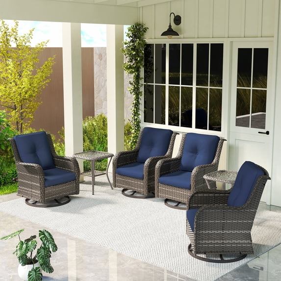 Meet Leisure 4 Pieces Outdoor Swivel Rocker Wicker Patio Chairs Sets with 2 Tables, Blue