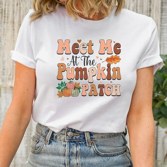 Meet Me At the Pumpkin Patch Shirt, Cute Fall Shirt, Fall Graphic Tee, Wildflower Fall Shirt, Farmhouse Fall Tee, Thanksgiving Shirt (Colors:Heather Peach; Sizes:S;)