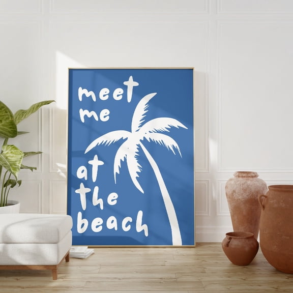 Meet Me At The Beach Blue Coastal Wall Art, Unframed Canvas Size 16x24