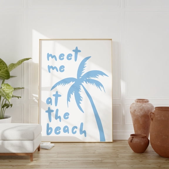 Meet Me At The Beach Blue Coastal Wall Art V2, Unframed Paper Print Size 16x24