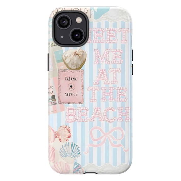 Meet Me At The Beach Phone Case, Blue Stripe Cabana Coconut Shell Pearl Bow Cover for iPhone 17 16 15 14 13 12 11 Plus Pro Max Mini