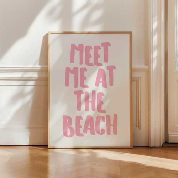 Meet Me At The Beach Pink Coastal Typography Wall Art, Unframed Canvas Size 8x12