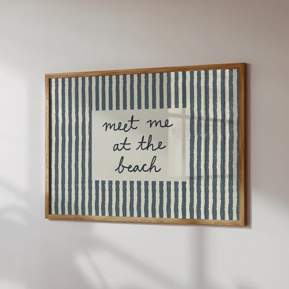 Meet Me At The Beach Print Blue Retro Striped Wall Art Beach House Decor ( Horizontal) UNFRAMED