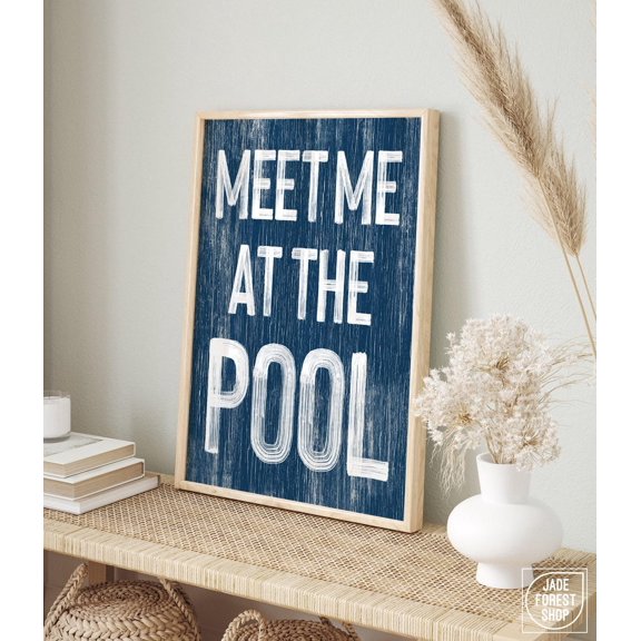Meet Me At The Pool Navy Pool House Wall Art Summer Backyard Poolside Decor, Unframed Paper Print