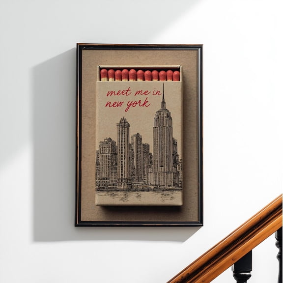 Meet Me In New York Matchbox Vintage Nyc Skyline Empire State Building Sketch Retro Decor, Unframed Poster