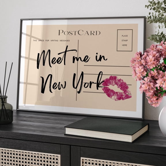 Meet Me In New York Vintage Post Card Kiss Mark Retro NYC Romantic Travel, Stretched Canvas