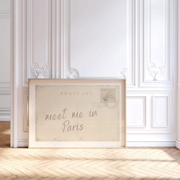 Meet Me In Paris Postcard Trendy Wall Art Vintage Dorm Room Decor Neutral Retro Travel College Apartment Aesthetic Style Five, Unframed Paper Print