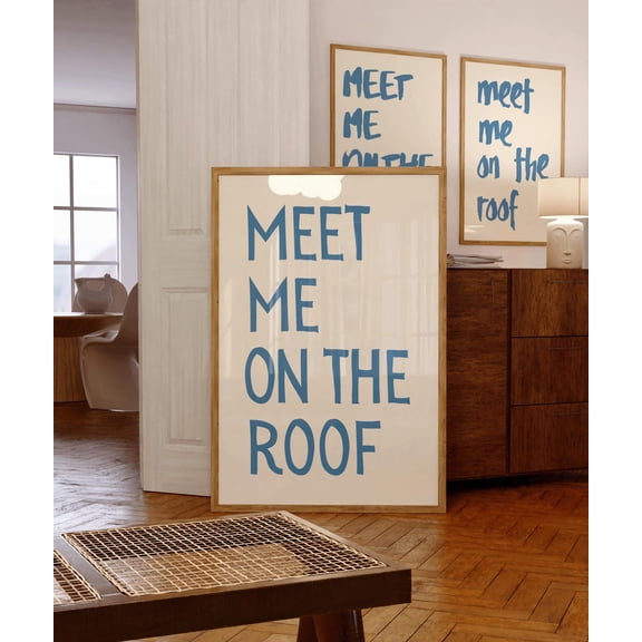 Meet Me On The Roof Vintage Typography Wall Art Blue Retro Rooftop, Unframed Canvas