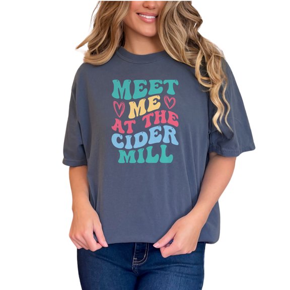 Meet Me at the Cider Mill Quote or Saying, Groovy Retro Wavy Text, Denim Comfort Colors T-Shirt, Small