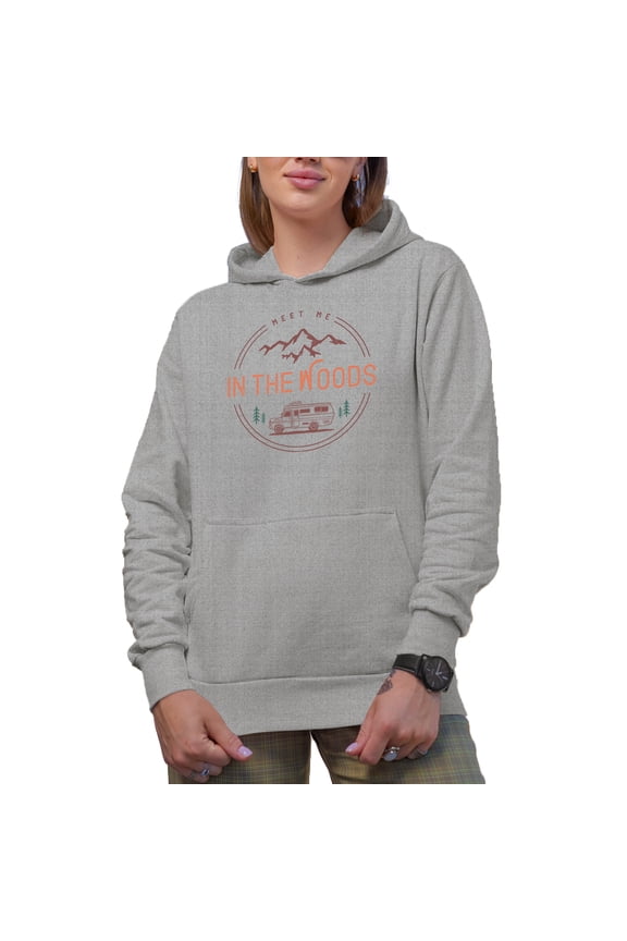 Meet Me in the Woods with Camper & Mountains Art Merch Gift, Heather Grey Hooded Sweatshirt or Hoodie, Large