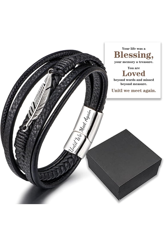 Until We Meet Again Memorial Feather Bracelet, Men's Wrist Band Bracelet with Stainless Steel Clasp, Loss of Loved one Sympathy Remembrance Gift Men Women Bracelet