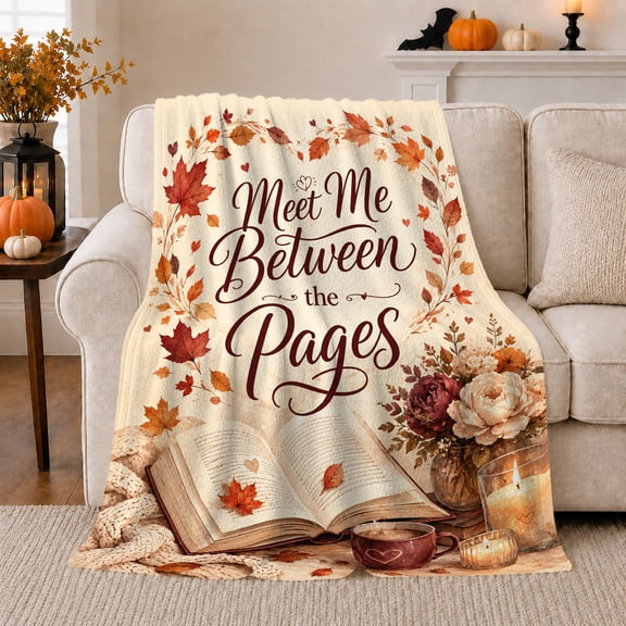 Meet Me Between the Pages Book Rose Candle and Maple Leaf Art, Soft Flannel Blanket, Home Decor for Readers, Sofa and Reading Nook, Anniversary Gift, Warm Romantic Pattern